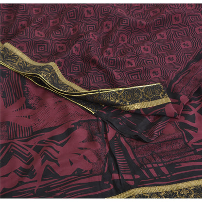 Sanskriti Vintage Sarees Purple/Black Pure Crepe Print Sari 5yd Craft Sustainable Fabric