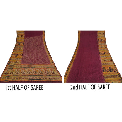 Sanskriti Vintage Sarees Purple Pure Crepe Printed Embroidered Sari 5yd Sustainable Fabric
