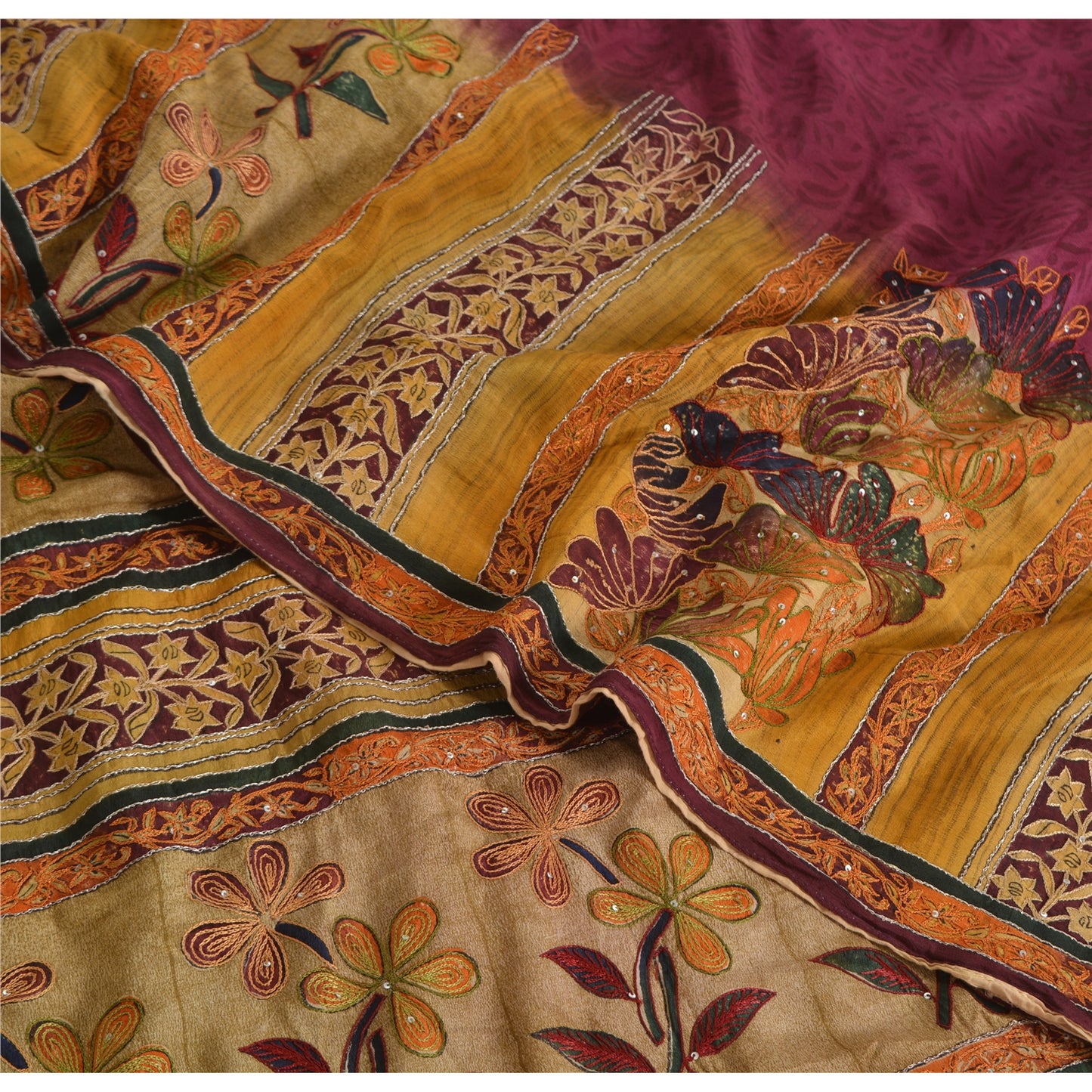 Sanskriti Vintage Sarees Purple Pure Crepe Printed Embroidered Sari 5yd Sustainable Fabric
