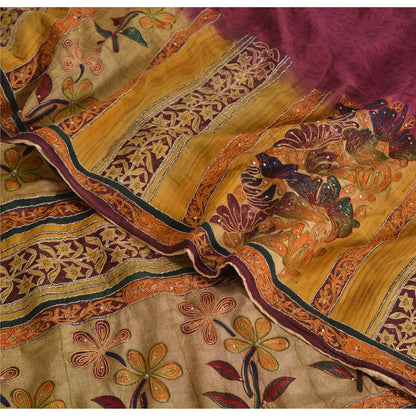 Sanskriti Vintage Sarees Purple Pure Crepe Printed Embroidered Sari 5yd Sustainable Fabric