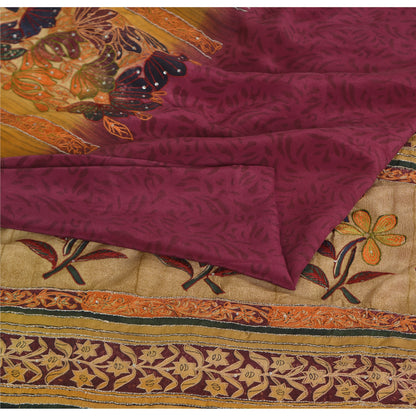 Sanskriti Vintage Sarees Purple Pure Crepe Printed Embroidered Sari 5yd Sustainable Fabric