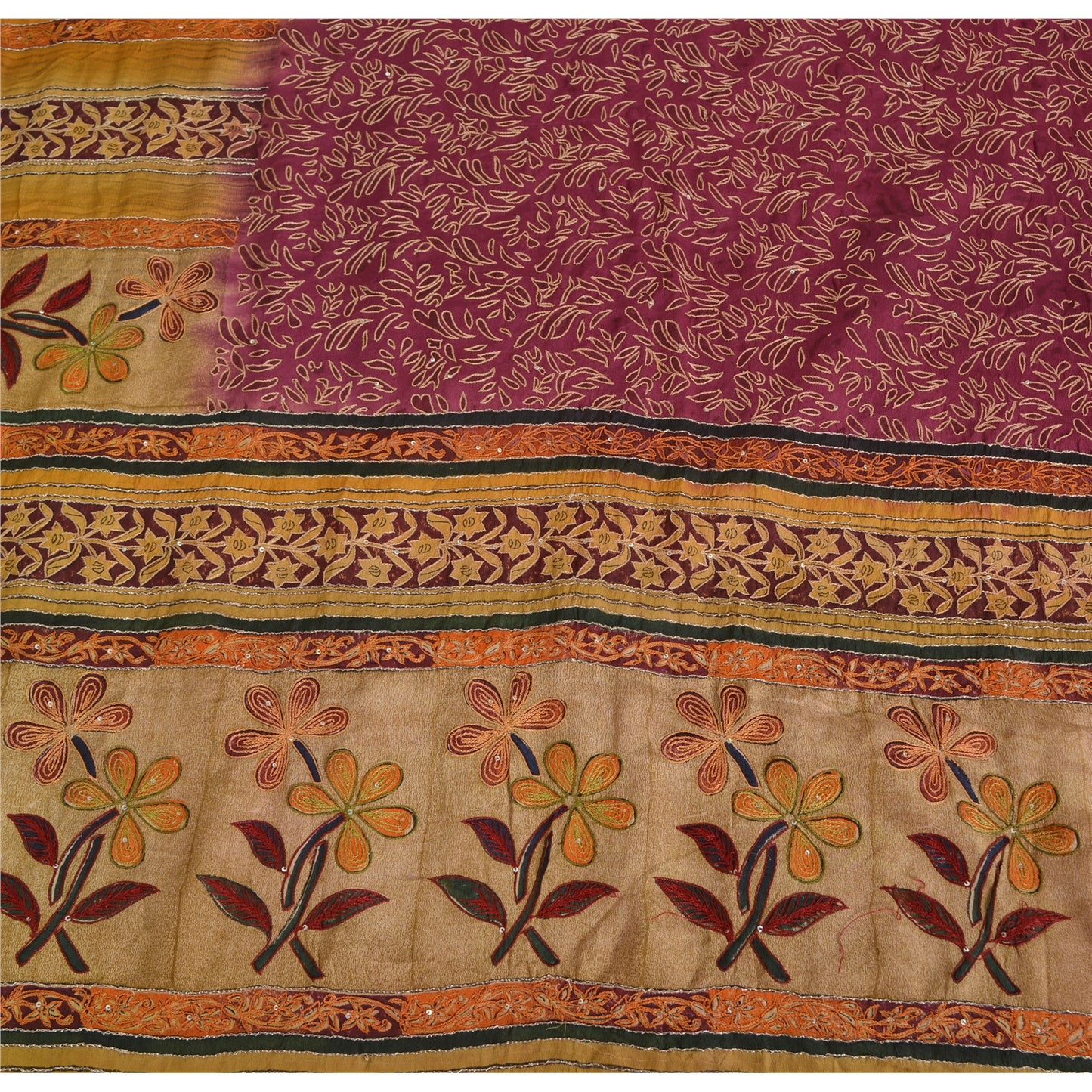 Sanskriti Vintage Sarees Purple Pure Crepe Printed Embroidered Sari 5yd Sustainable Fabric