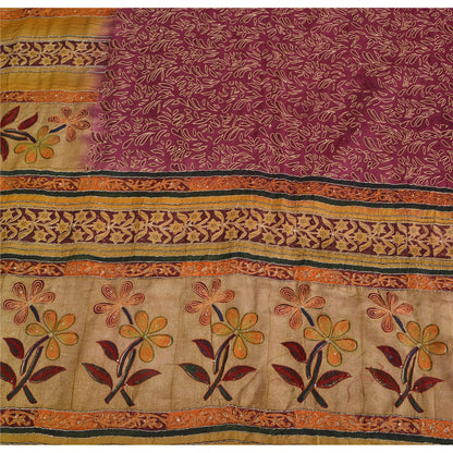 Sanskriti Vintage Sarees Purple Pure Crepe Printed Embroidered Sari 5yd Sustainable Fabric
