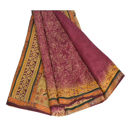 Sanskriti Vintage Sarees Purple Pure Crepe Printed Embroidered Sari 5yd Sustainable Fabric