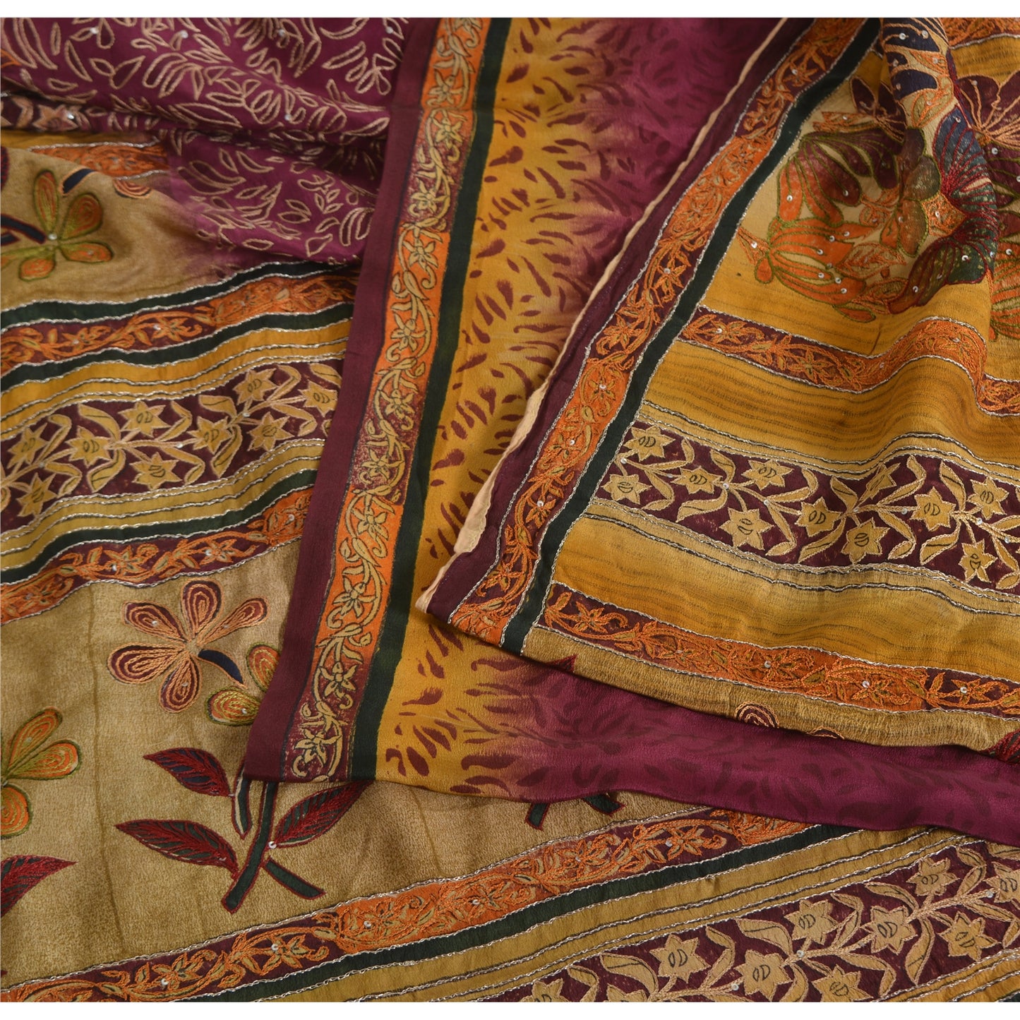 Sanskriti Vintage Sarees Purple Pure Crepe Printed Embroidered Sari 5yd Sustainable Fabric