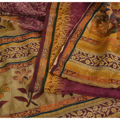 Sanskriti Vintage Sarees Purple Pure Crepe Printed Embroidered Sari 5yd Sustainable Fabric