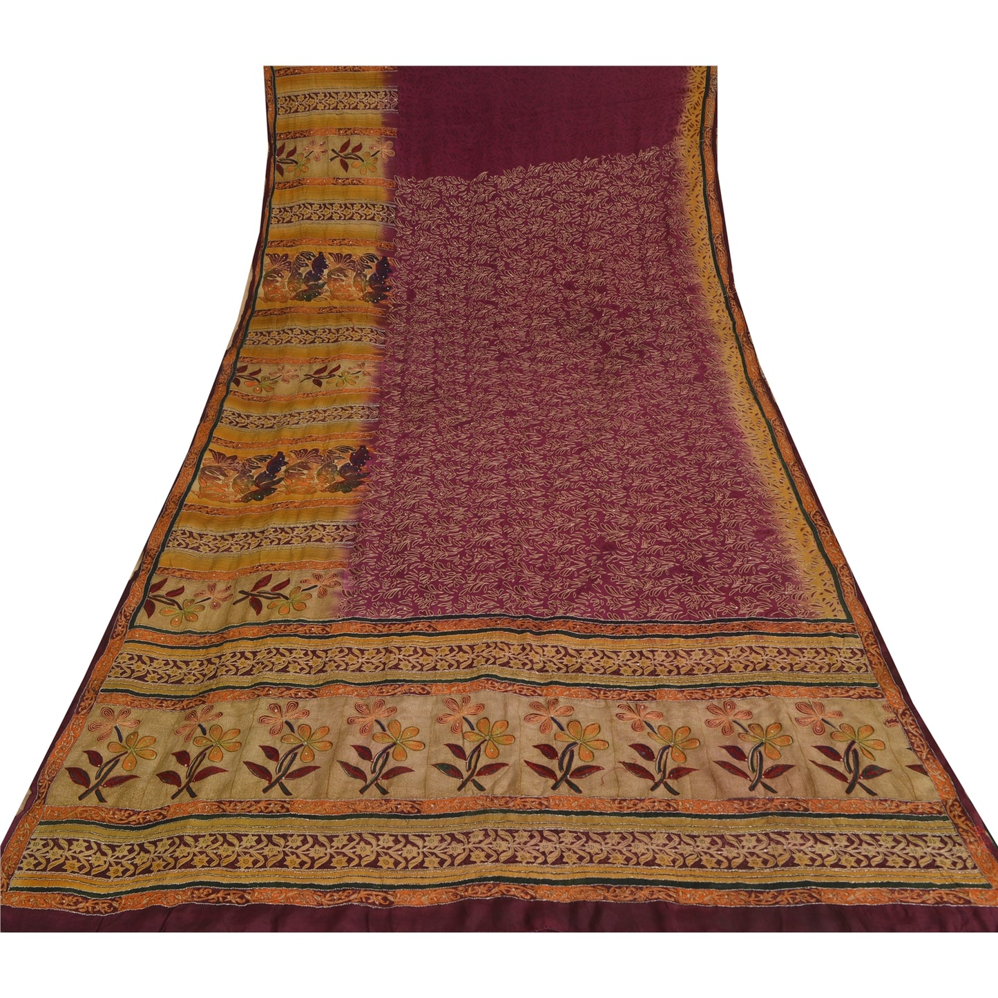 Sanskriti Vintage Sarees Purple Pure Crepe Printed Embroidered Sari 5yd Sustainable Fabric