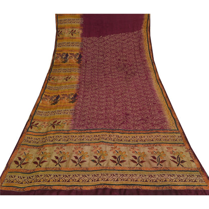 Sanskriti Vintage Sarees Purple Pure Crepe Printed Embroidered Sari 5yd Sustainable Fabric