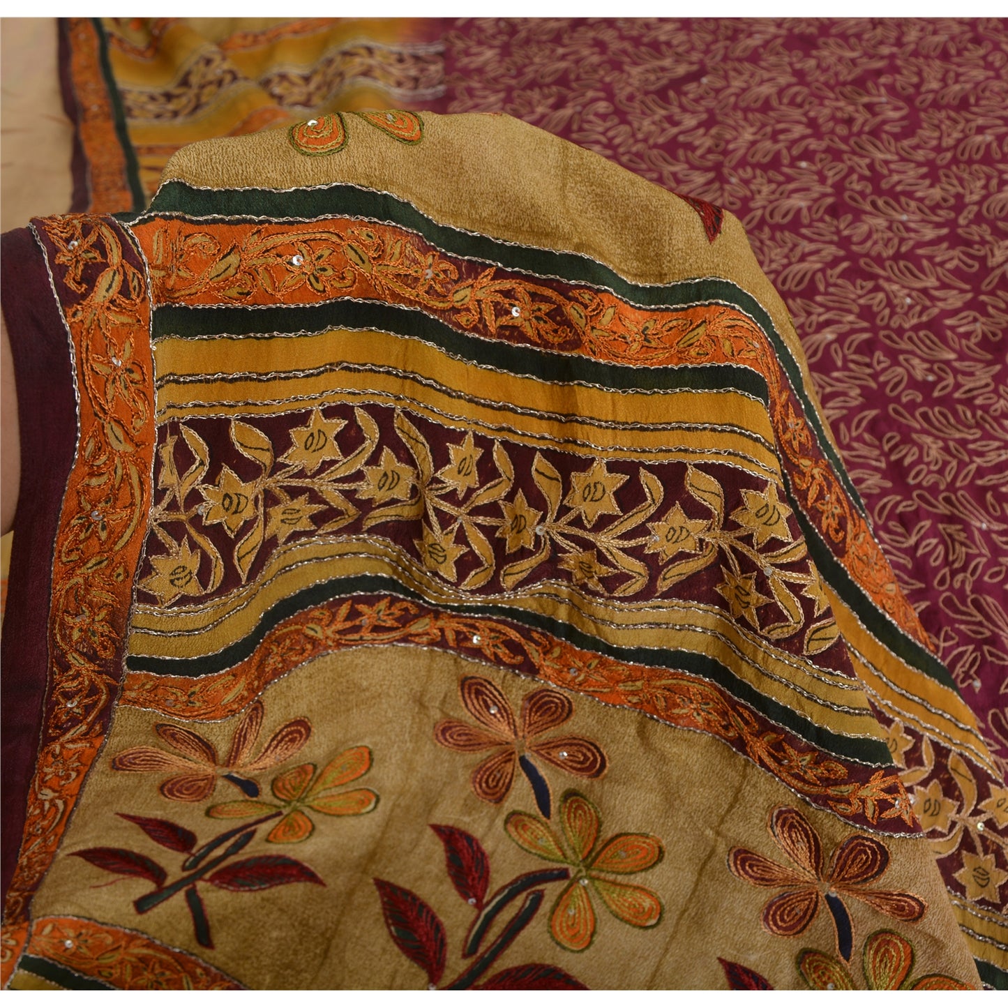 Sanskriti Vintage Sarees Purple Pure Crepe Printed Embroidered Sari 5yd Sustainable Fabric