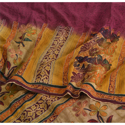 Sanskriti Vintage Sarees Purple Pure Crepe Printed Embroidered Sari 5yd Sustainable Fabric