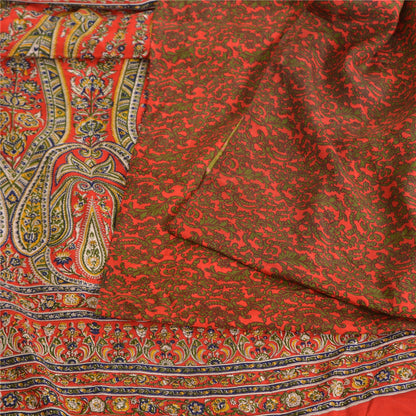 Sanskriti Vintage Sarees Red/Green Pure Crepe Silk Printed Sari 5yd Craft Sustainable Fabric