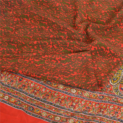 Sanskriti Vintage Sarees Red/Green Pure Crepe Silk Printed Sari 5yd Craft Sustainable Fabric