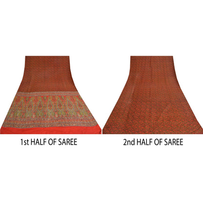 Sanskriti Vintage Sarees Red/Green Pure Crepe Silk Printed Sari 5yd Craft Sustainable Fabric