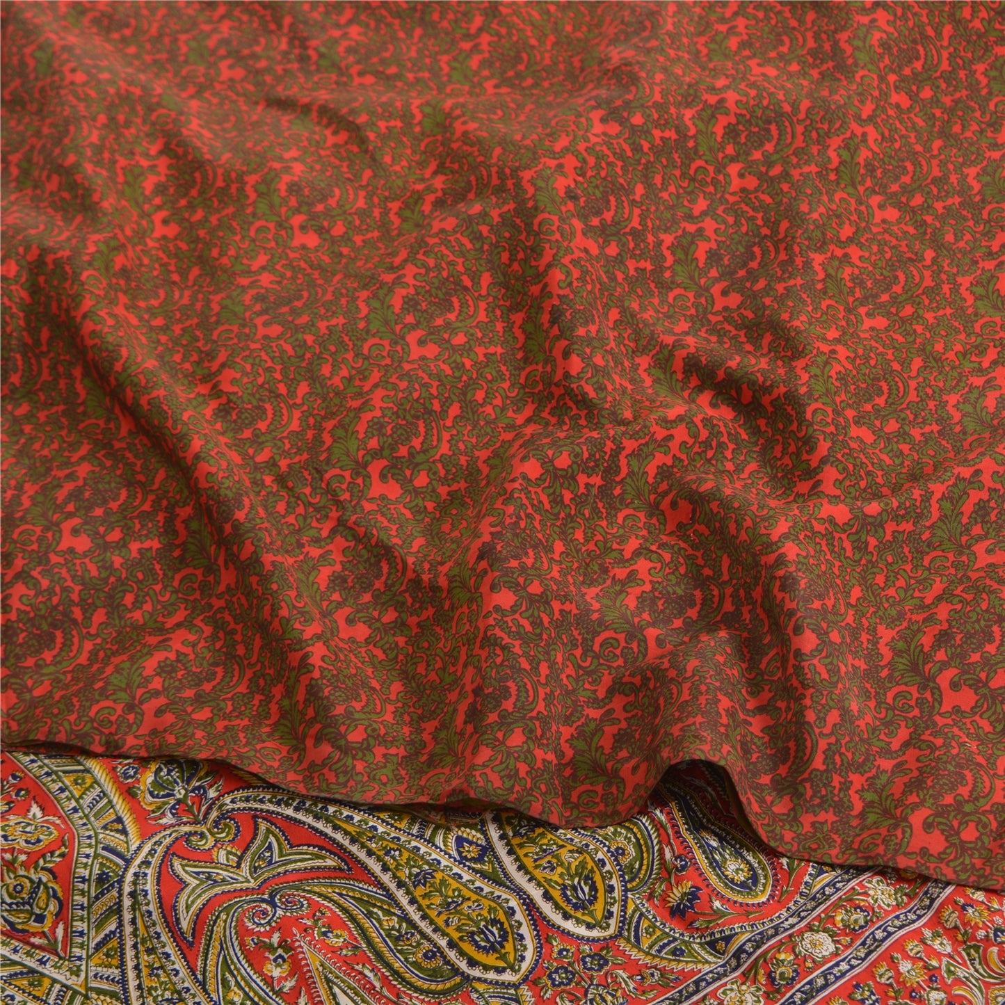 Sanskriti Vintage Sarees Red/Green Pure Crepe Silk Printed Sari 5yd Craft Sustainable Fabric