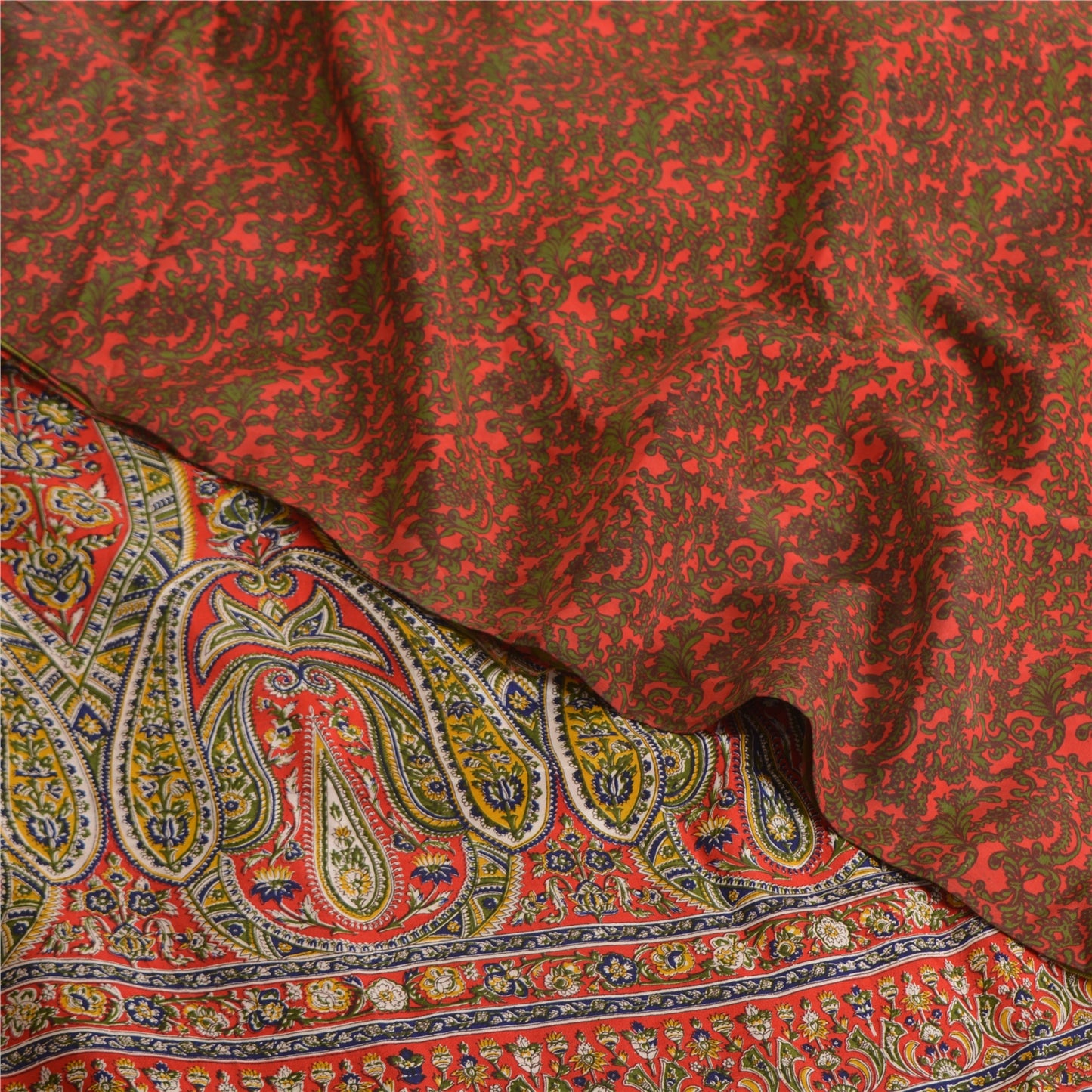 Sanskriti Vintage Sarees Red/Green Pure Crepe Silk Printed Sari 5yd Craft Sustainable Fabric