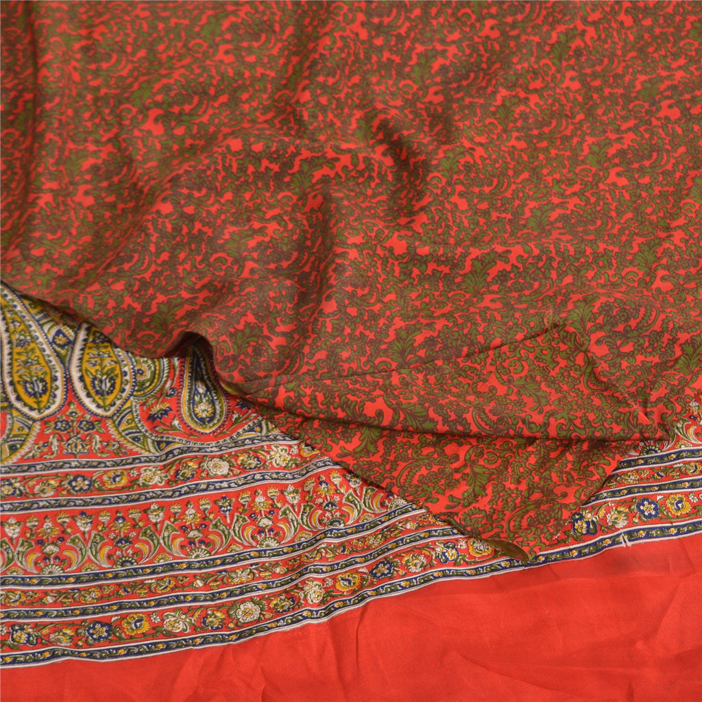 Sanskriti Vintage Sarees Red/Green Pure Crepe Silk Printed Sari 5yd Craft Sustainable Fabric