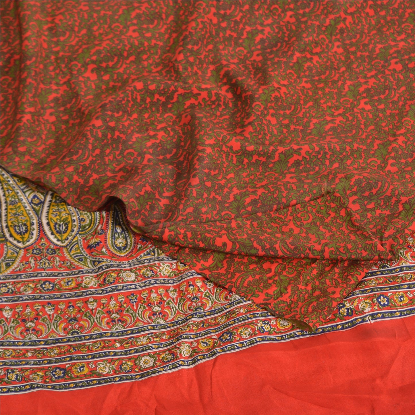 Sanskriti Vintage Sarees Red/Green Pure Crepe Silk Printed Sari 5yd Craft Sustainable Fabric