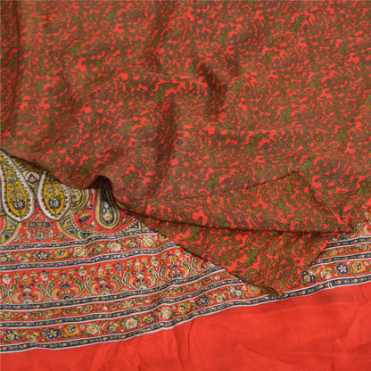 Sanskriti Vintage Sarees Red/Green Pure Crepe Silk Printed Sari 5yd Craft Sustainable Fabric