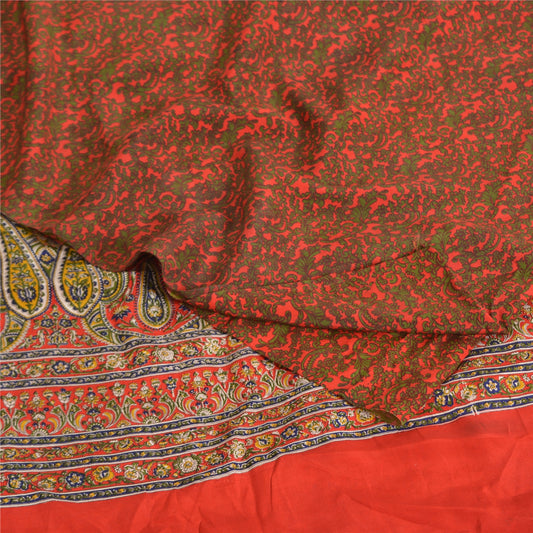Sanskriti Vintage Sarees Red/Green Pure Crepe Silk Printed Sari 5yd Craft Sustainable Fabric