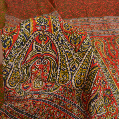 Sanskriti Vintage Sarees Red/Green Pure Crepe Silk Printed Sari 5yd Craft Sustainable Fabric