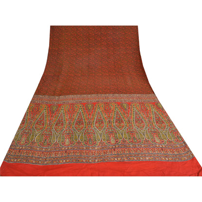 Sanskriti Vintage Sarees Red/Green Pure Crepe Silk Printed Sari 5yd Craft Sustainable Fabric