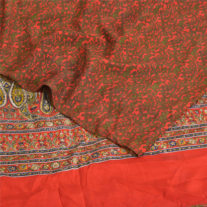 Sanskriti Vintage Sarees Red/Green Pure Crepe Silk Printed Sari 5yd Craft Sustainable Fabric