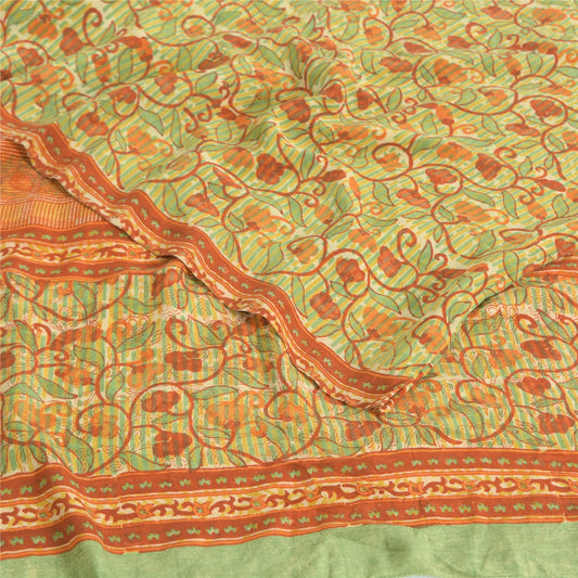 Sanskriti Vintage Sarees Green/Orange Pure Crepe Printed Sari 5yd Craft Sustainable Fabric