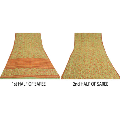 Сари Sanskriti Vintage, зеленое/оранжевое, чистый креп, напечатанное сари, 5 ярдов, ткань для рукоделия, устойчивая к истиранию