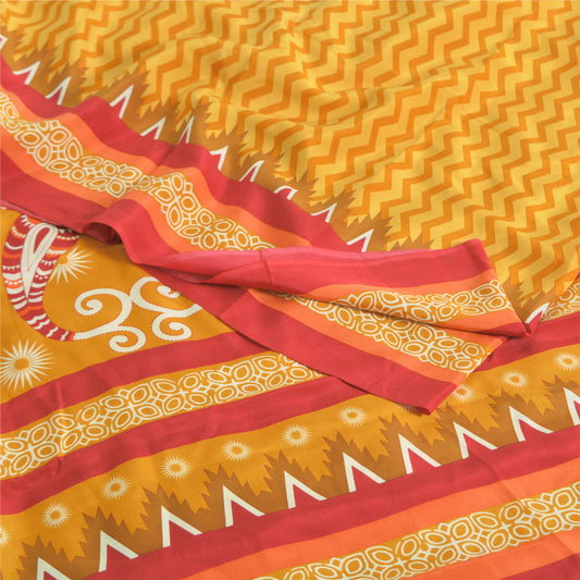 Sanskriti Vintage Sarees Yellow Pure Crepe Silk Printed Sari 5yd Craft Sustainable Fabric