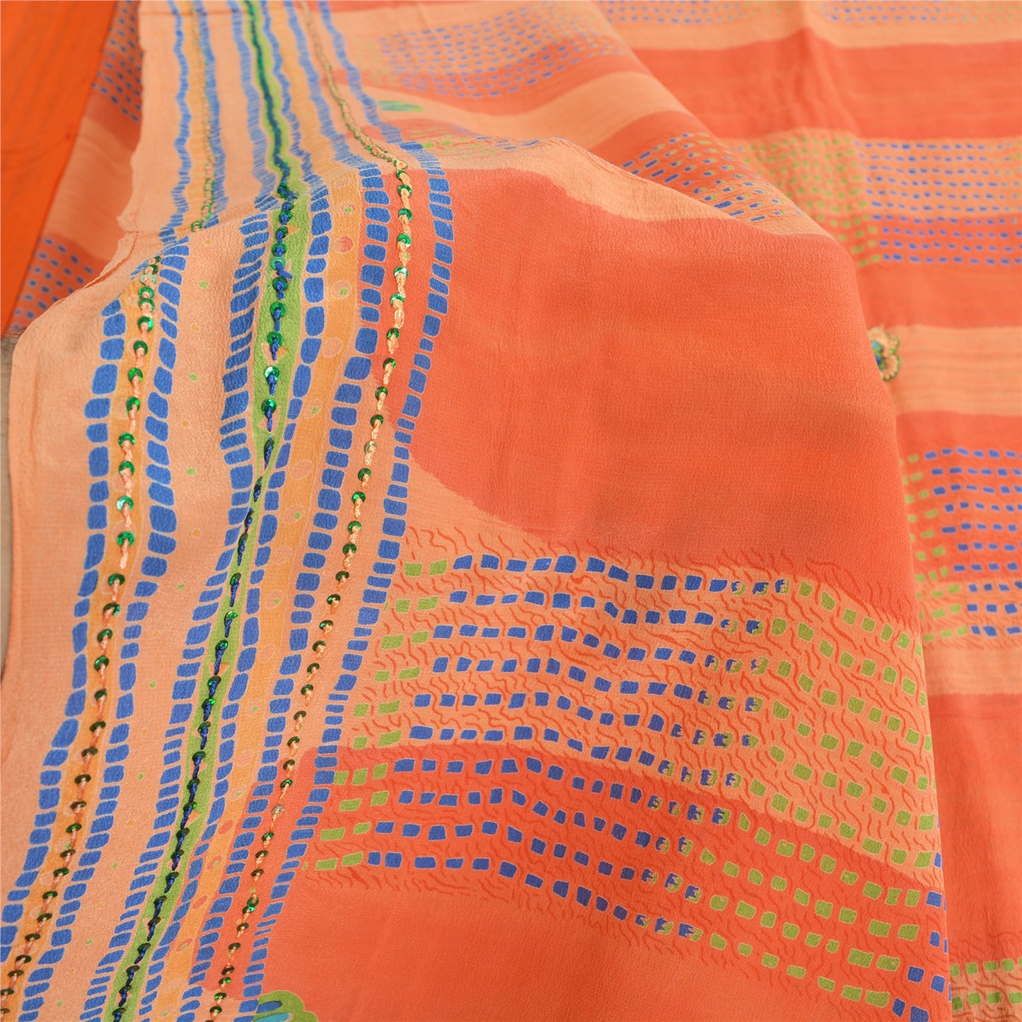 Sanskriti Vintage Sarees Orange/Peach Hand Beaded Pure Crepe Printed Sari Sustainable Fabric