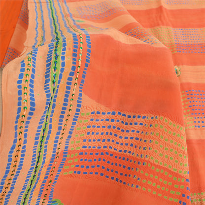 Sanskriti Vintage Sarees Orange/Peach Hand Beaded Pure Crepe Printed Sari Sustainable Fabric