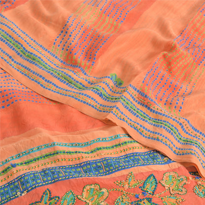 Sanskriti Vintage Sarees Orange/Peach Hand Beaded Pure Crepe Printed Sari Sustainable Fabric