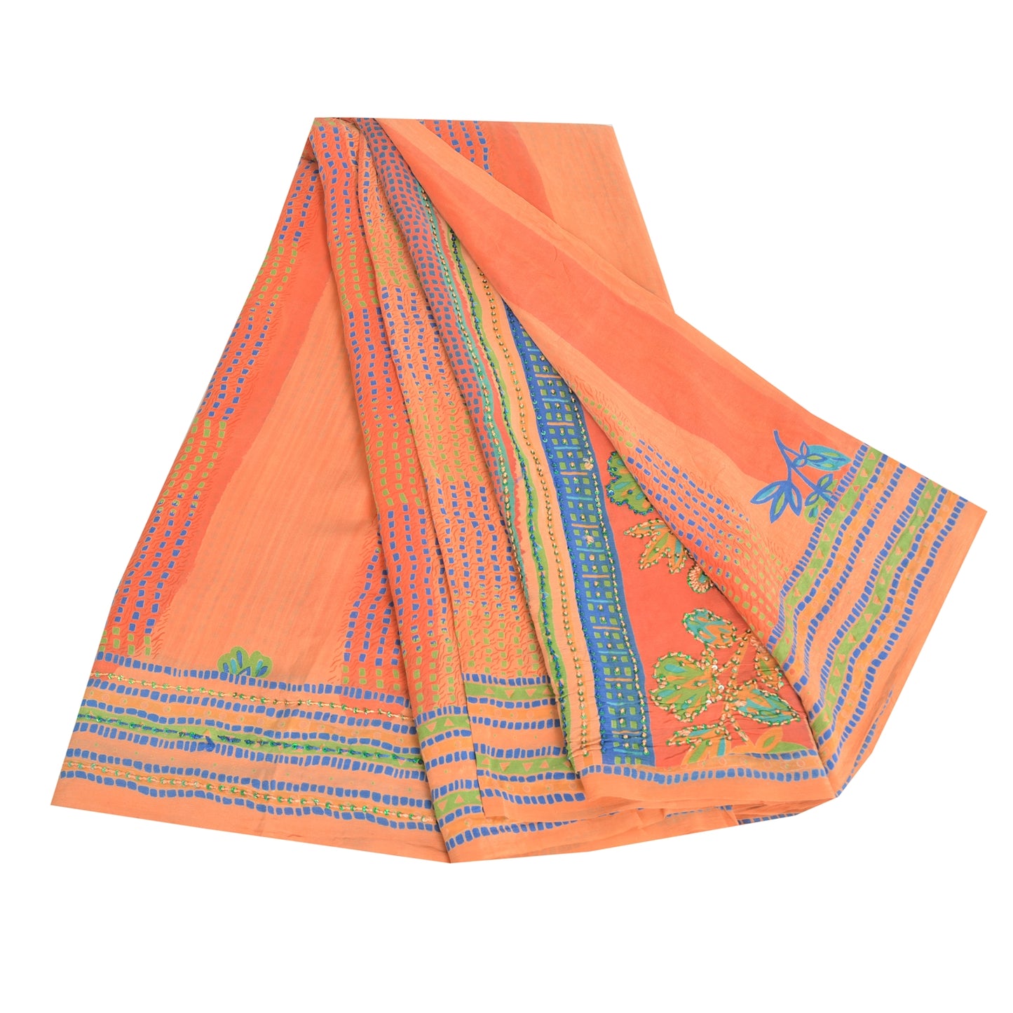 Sanskriti Vintage Sarees Orange/Peach Hand Beaded Pure Crepe Printed Sari Sustainable Fabric