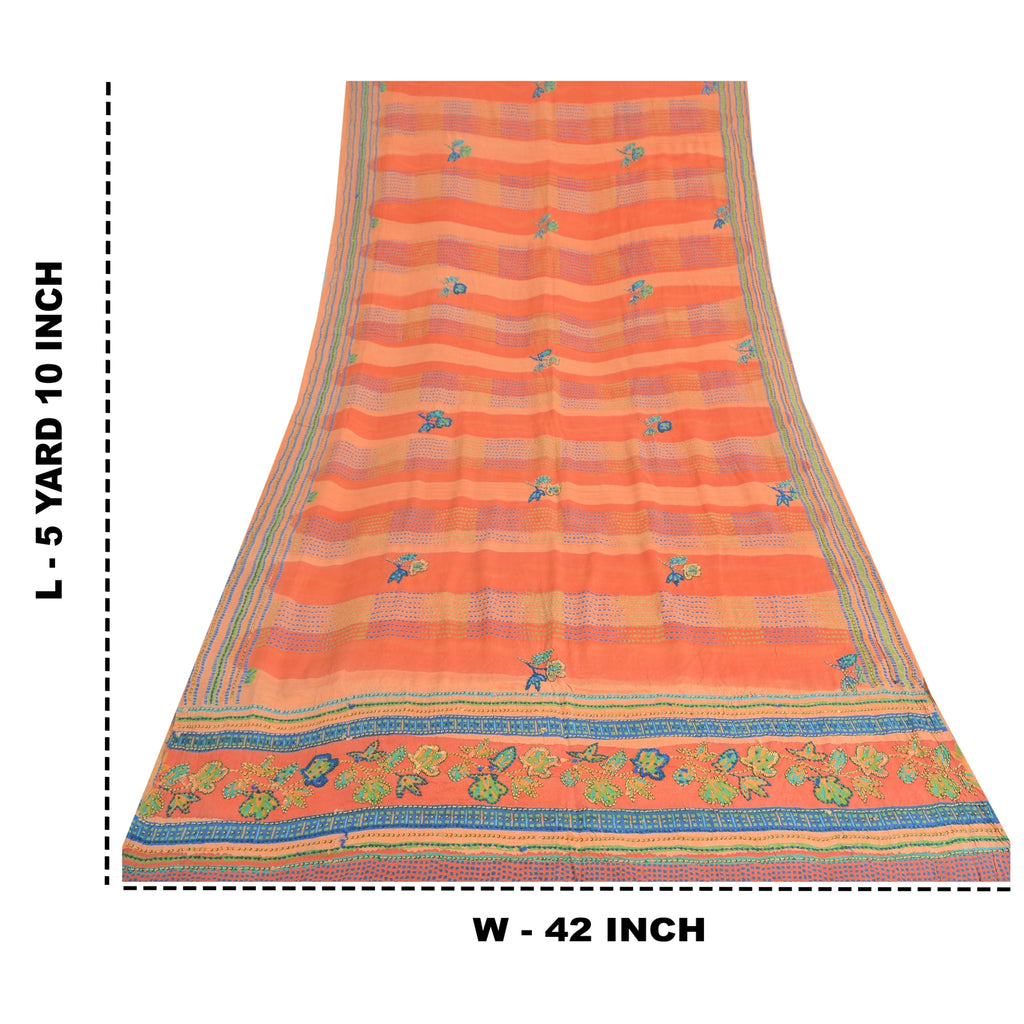 Sanskriti Vintage Sarees Orange/Peach Hand Beaded Pure Crepe Printed Sari Sustainable Fabric