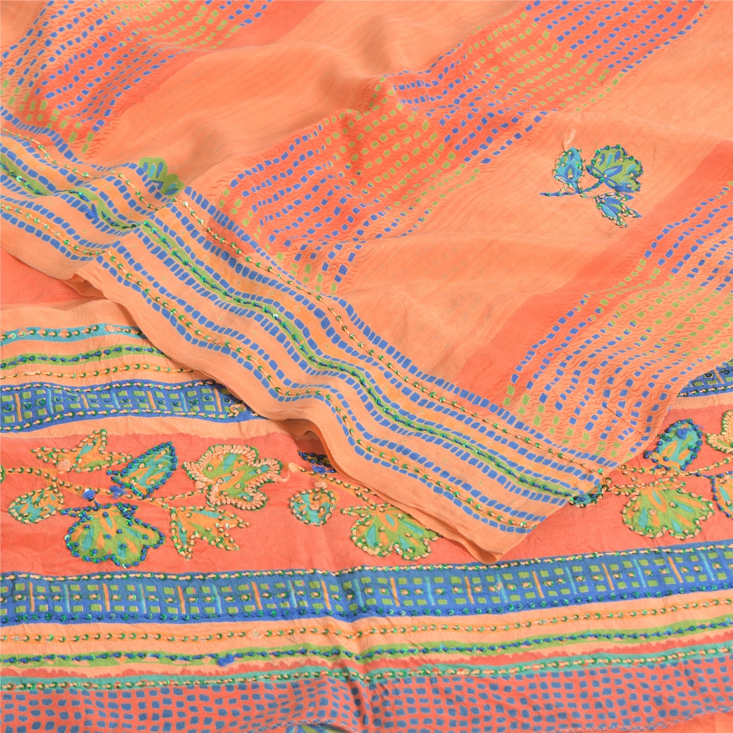 Sanskriti Vintage Sarees Orange/Peach Hand Beaded Pure Crepe Printed Sari Sustainable Fabric