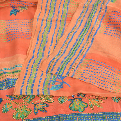 Sanskriti Vintage Sarees Orange/Peach Hand Beaded Pure Crepe Printed Sari Sustainable Fabric