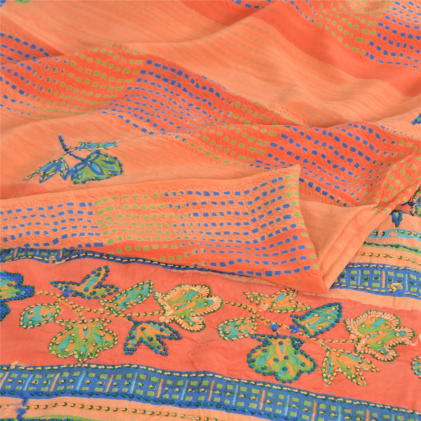 Sanskriti Vintage Sarees Orange/Peach Hand Beaded Pure Crepe Printed Sari Sustainable Fabric