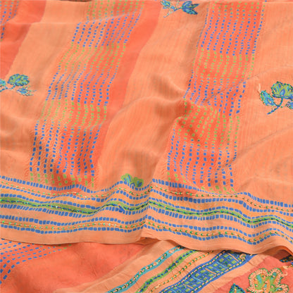 Sanskriti Vintage Sarees Orange/Peach Hand Beaded Pure Crepe Printed Sari Sustainable Fabric