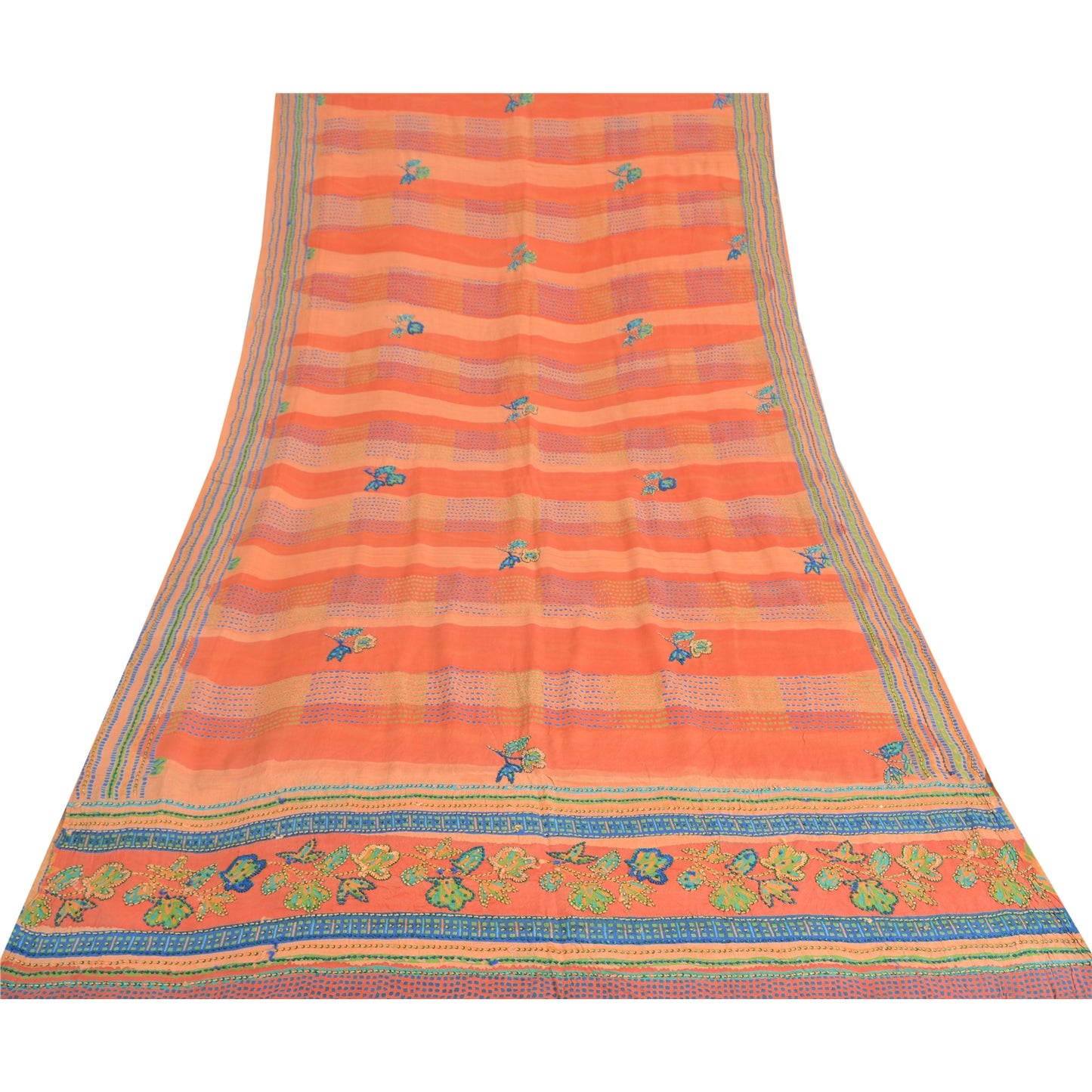 Sanskriti Vintage Sarees Orange/Peach Hand Beaded Pure Crepe Printed Sari Sustainable Fabric