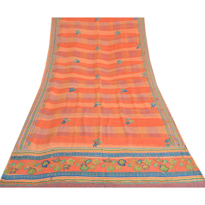 Sanskriti Vintage Sarees Orange/Peach Hand Beaded Pure Crepe Printed Sari Sustainable Fabric