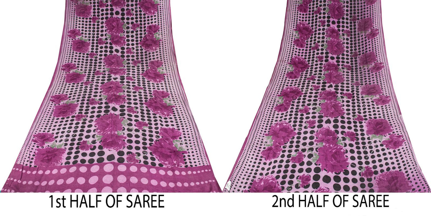 Sanskriti Vintage Saree Purple Pure Crepe Digital Printed Sari 5+Yd Craft Fabric