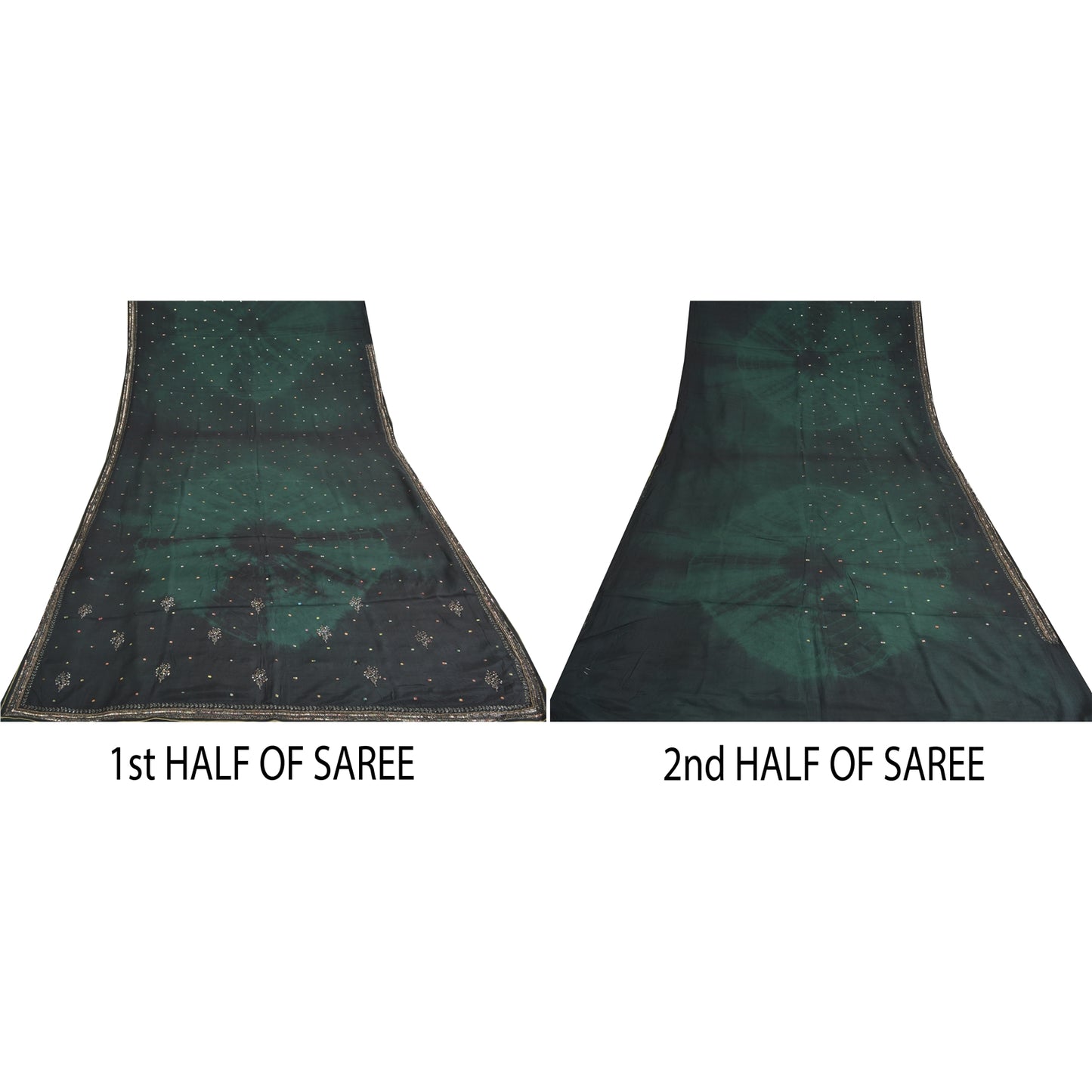 Sanskriti Vintage Sarees Black/Green Tie-Dye Hand Beaded Pure Crepe Sari Fabric