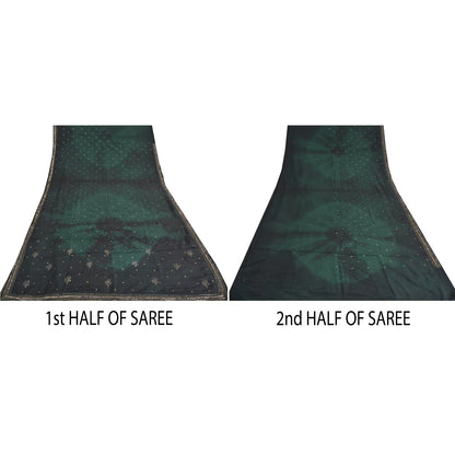 Sanskriti Vintage Sarees Black/Green Tie-Dye Hand Beaded Pure Crepe Sari Fabric