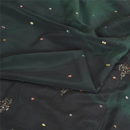 Sanskriti Vintage Sarees Black/Green Tie-Dye Hand Beaded Pure Crepe Sari Fabric