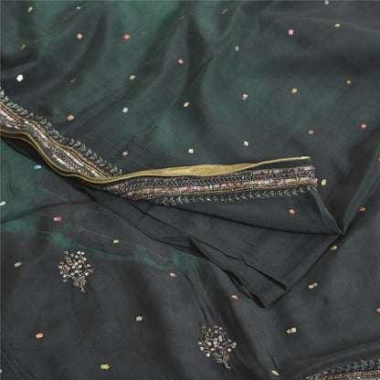 Sanskriti Vintage Sarees Black/Green Tie-Dye Hand Beaded Pure Crepe Sari Fabric