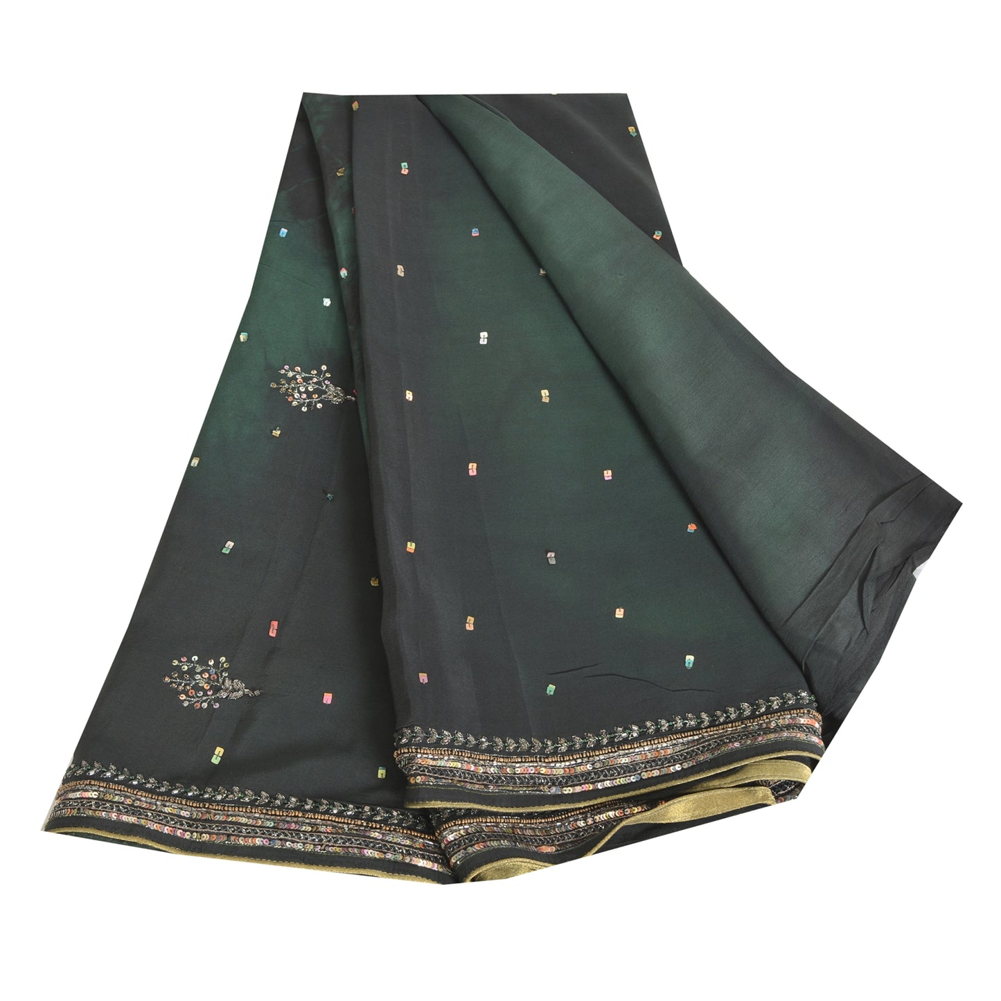 Sanskriti Vintage Sarees Black/Green Tie-Dye Hand Beaded Pure Crepe Sari Fabric