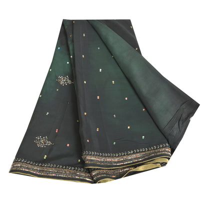 Sanskriti Vintage Sarees Black/Green Tie-Dye Hand Beaded Pure Crepe Sari Fabric