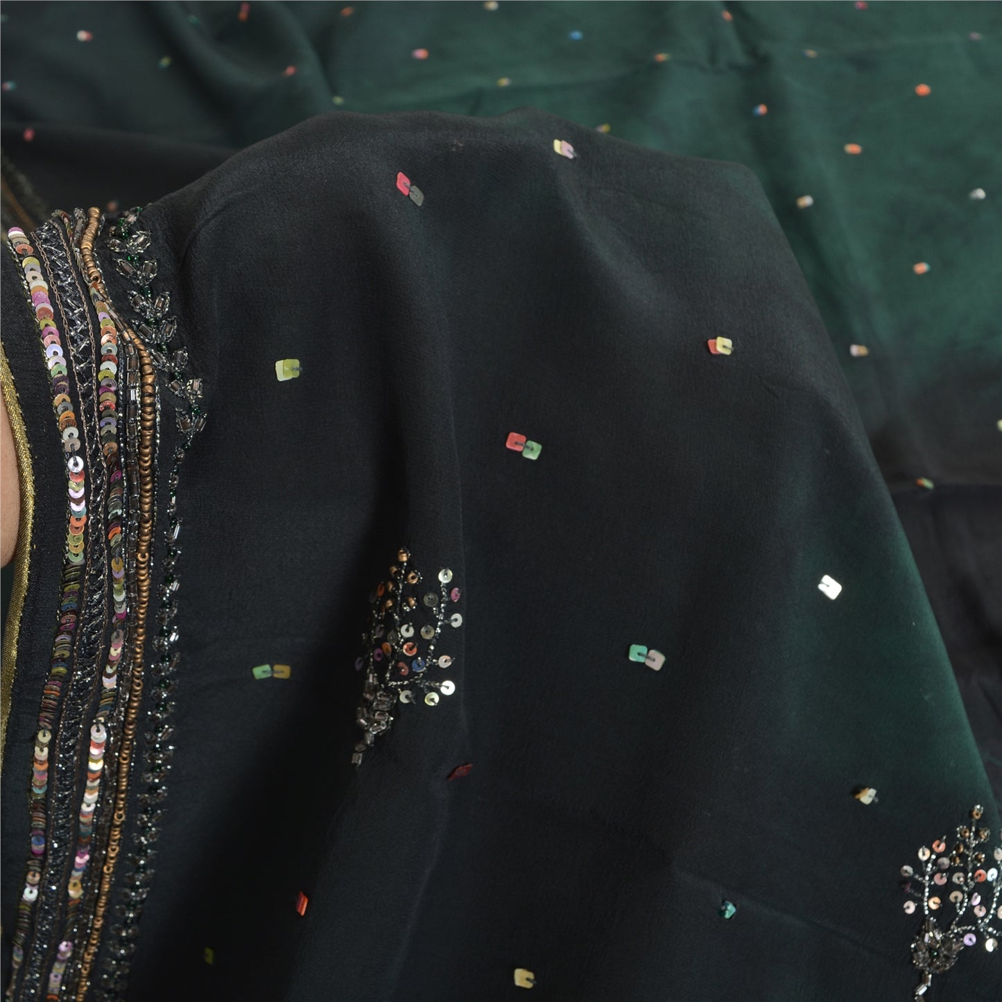 Sanskriti Vintage Sarees Black/Green Tie-Dye Hand Beaded Pure Crepe Sari Fabric