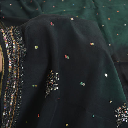 Sanskriti Vintage Sarees Black/Green Tie-Dye Hand Beaded Pure Crepe Sari Fabric