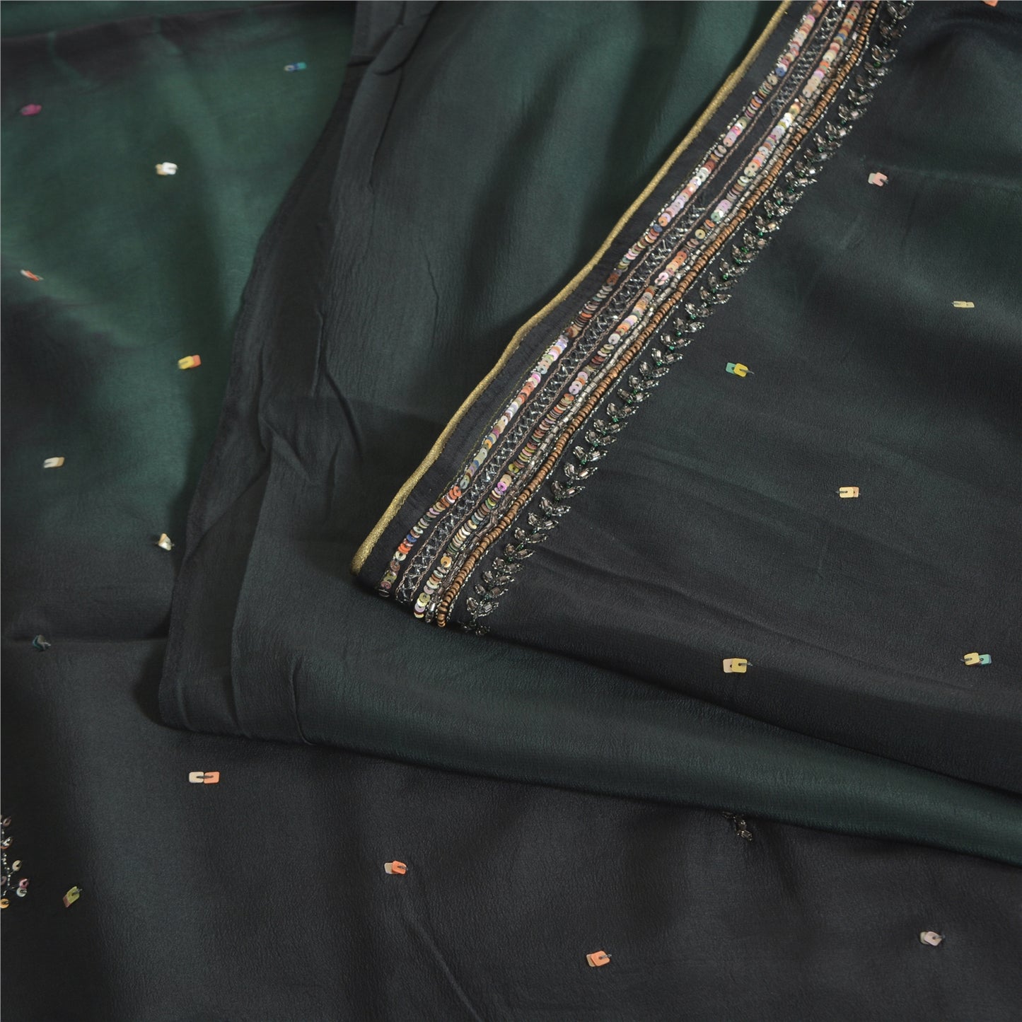 Sanskriti Vintage Sarees Black/Green Tie-Dye Hand Beaded Pure Crepe Sari Fabric